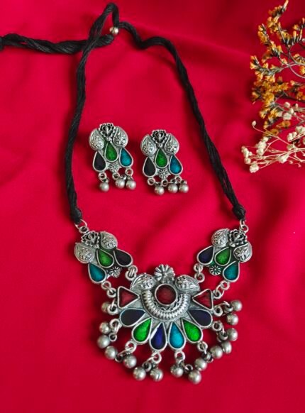 Kandahar Bloom Multi-Color Oxidised Necklace & Earrings
