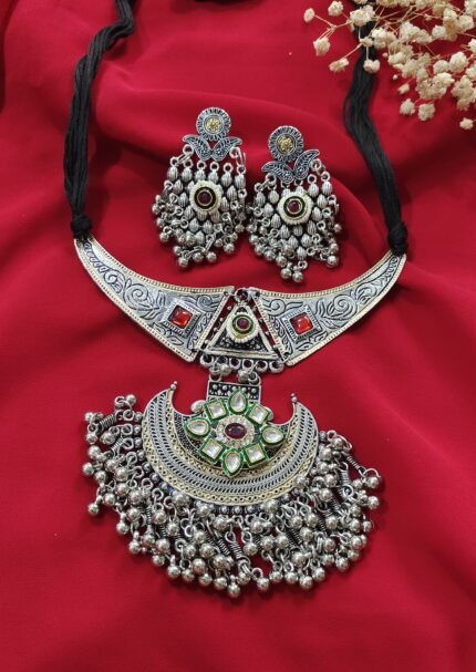 Ghungroo Cascade Oxidized Silver Necklace Set